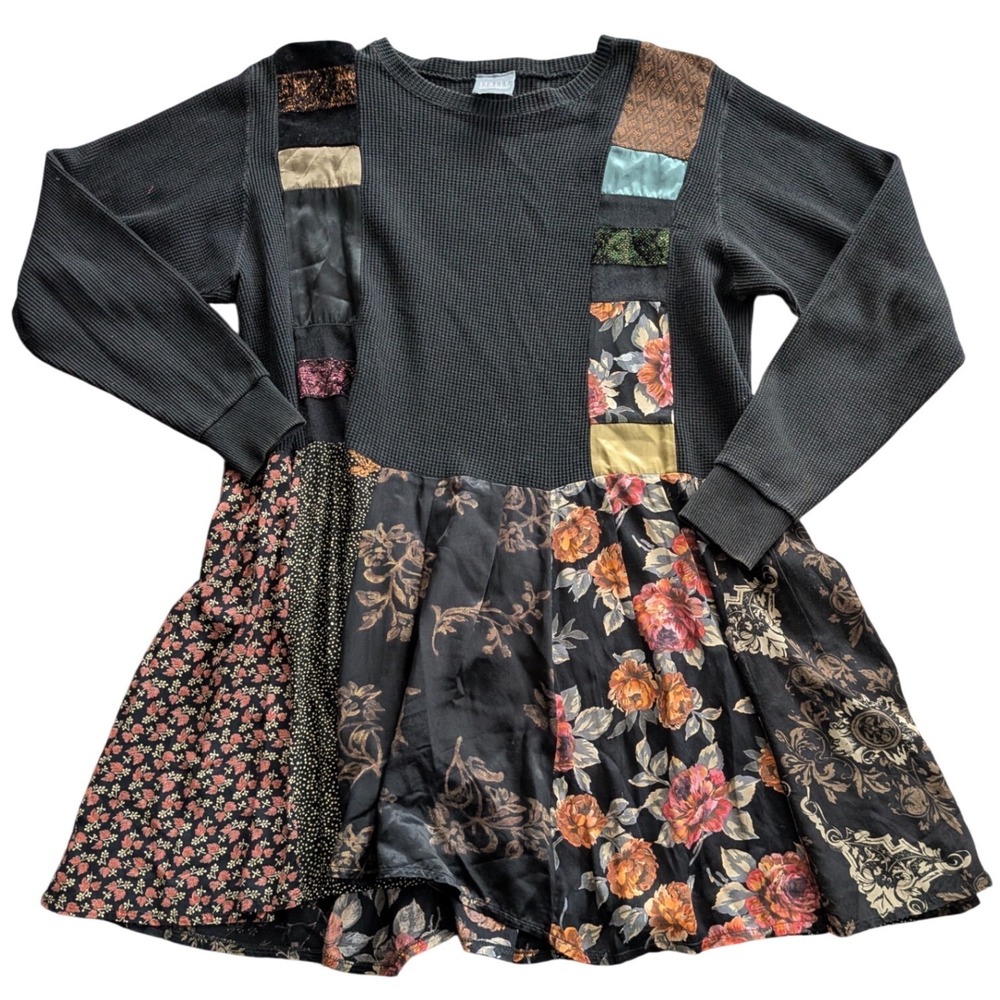 Vtg STALEY GRETZINGER Patchwork Art to Wear Waffle Knit Floral Top/Mini Dress M